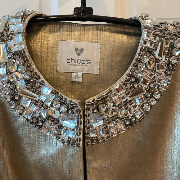 Chico’s Size 2 (12/14) Gold Leather 3/4 Sleeve Jacket. Fully Lined. - Picture 2 of 11